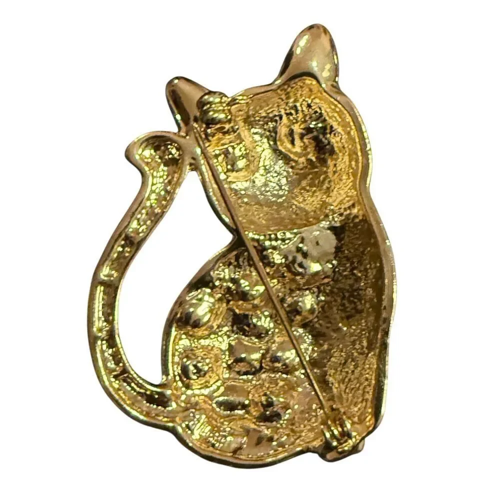 Cat Brooch With Crystal Stones 2” Gold Tone Kitty Cat